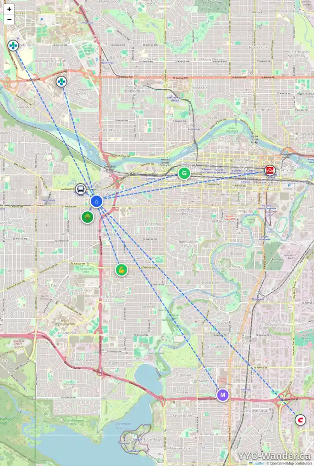 Daily accessibility map for 1709 24A ST SW, Calgary showing nearby schools, grocery stores, parks, LRT stations and nearby amenities