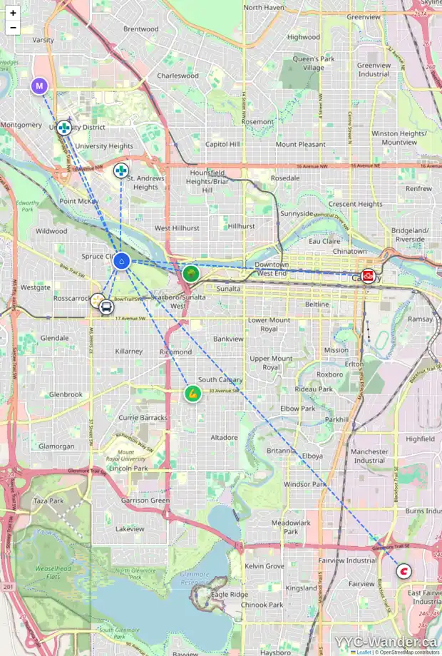 Daily accessibility map for 204 520 CEDAR CR SW, Calgary showing nearby schools, grocery stores, parks, LRT stations and nearby amenities