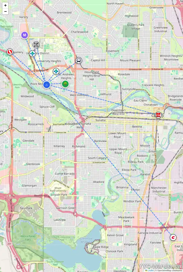 Daily accessibility map for 515 35 ST NW, Calgary showing nearby schools, grocery stores, parks, LRT stations and nearby amenities