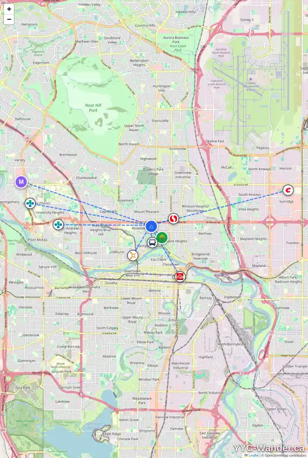 Daily accessibility map for 1606 6 ST NW, Calgary showing nearby schools, grocery stores, parks, LRT stations and nearby amenities
