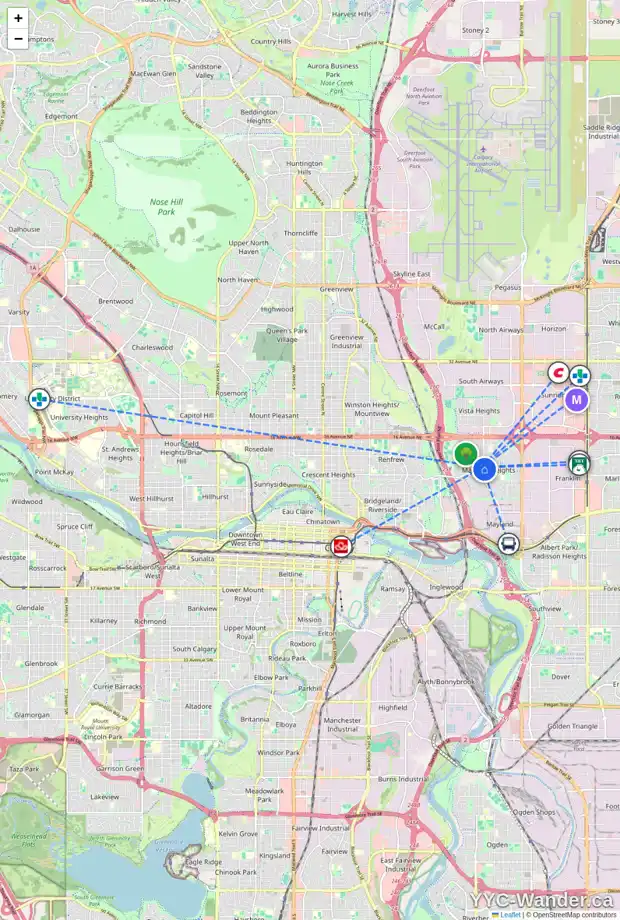 Daily accessibility map for 1015 19 ST NE, Calgary showing nearby schools, grocery stores, parks, LRT stations and nearby amenities