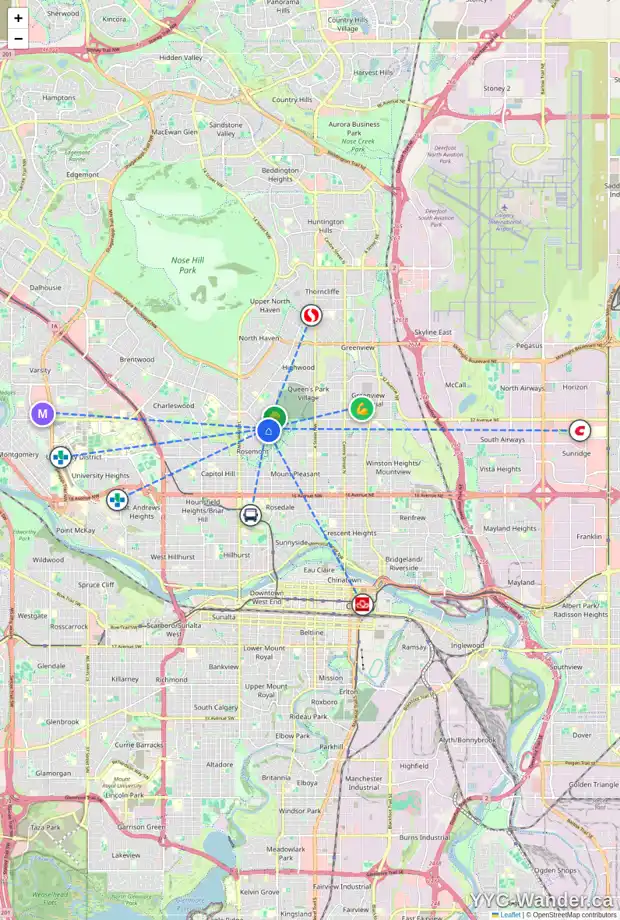 Daily accessibility map for 3120 10 ST NW, Calgary showing nearby schools, grocery stores, parks, LRT stations and nearby amenities
