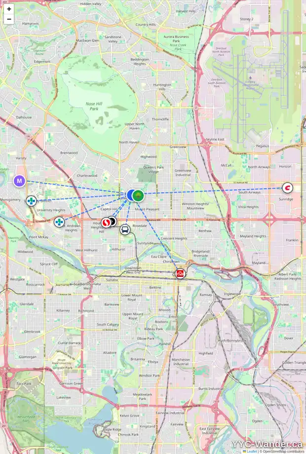 Daily accessibility map for 47 ROSERY DR NW, Calgary showing nearby schools, grocery stores, parks, LRT stations and nearby amenities
