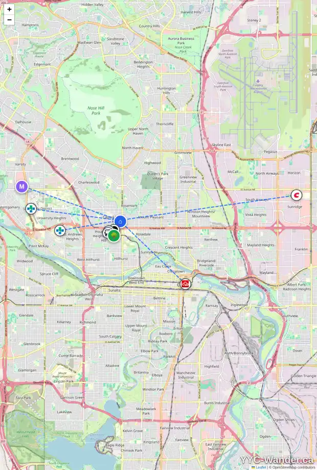 Daily accessibility map for 1532 19 AV NW, Calgary showing nearby schools, grocery stores, parks, LRT stations and nearby amenities