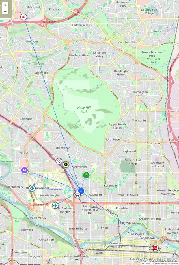 Daily accessibility map for 2416 22A ST NW, Calgary showing nearby schools, grocery stores, parks, LRT stations and nearby amenities