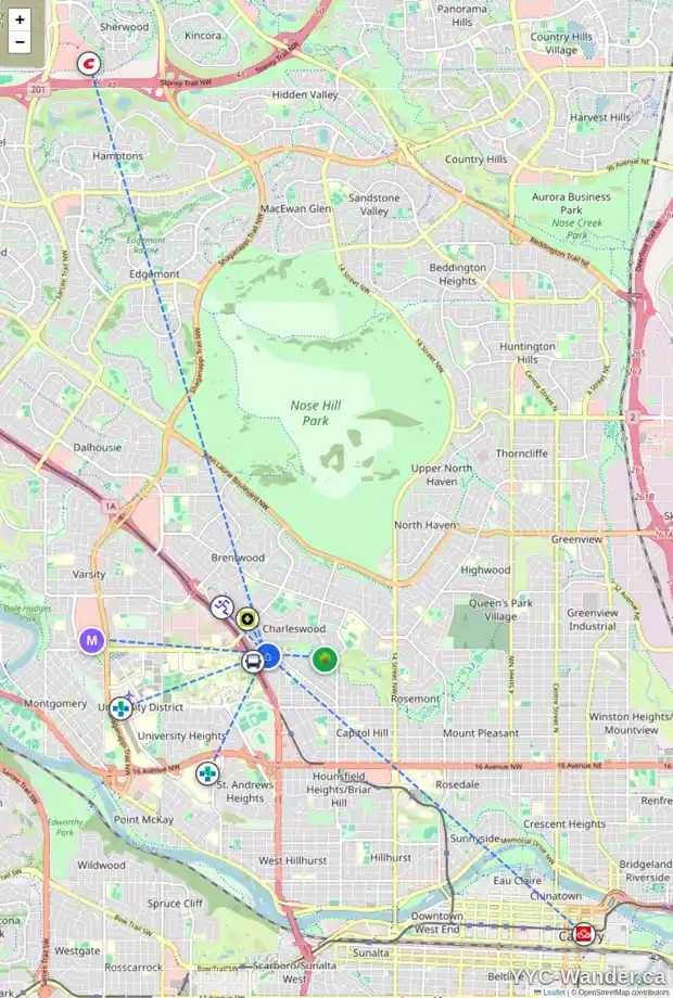 Daily accessibility map for 27 CATHEDRAL RD NW, Calgary showing nearby schools, grocery stores, parks, LRT stations and nearby amenities