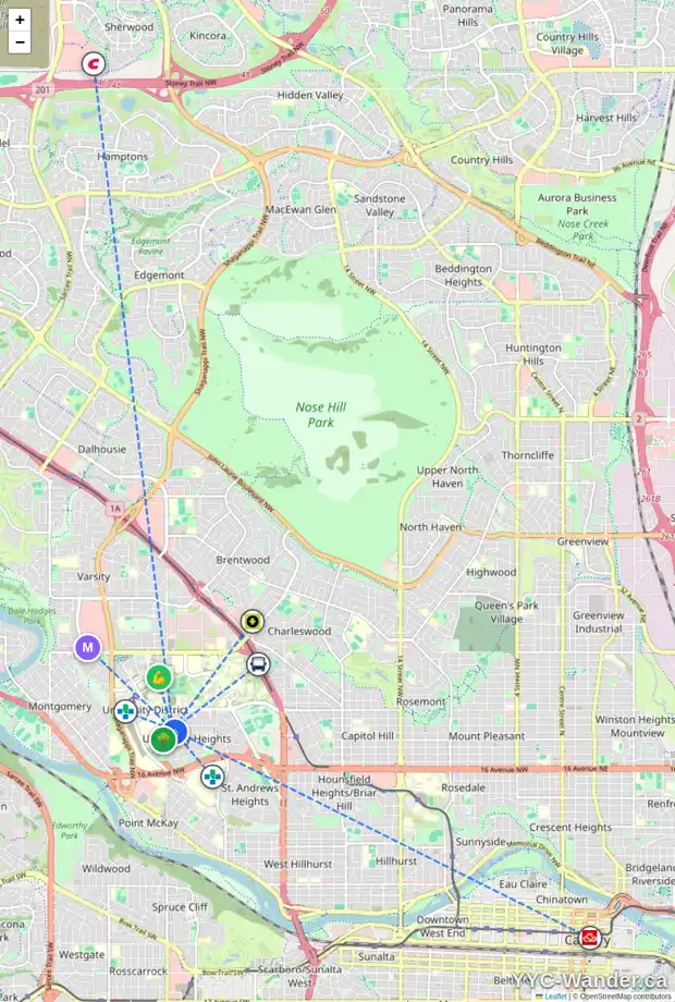Daily accessibility map for 2428 UXBRIDGE DR NW, Calgary showing nearby schools, grocery stores, parks, LRT stations and nearby amenities