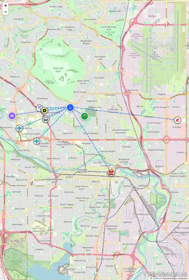 Daily accessibility map for 4011 COMANCHE RD NW, Calgary showing nearby schools, grocery stores, parks, LRT stations and nearby amenities