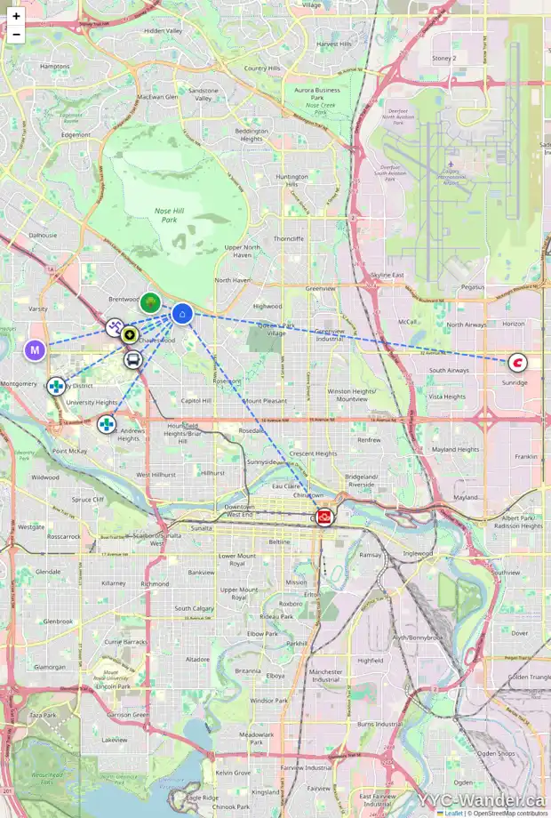 Daily accessibility map for 1916 CAYUGA DR NW, Calgary showing nearby schools, grocery stores, parks, LRT stations and nearby amenities