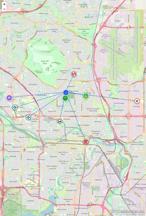 Daily accessibility map for 34 CARDIFF DR NW, Calgary showing nearby schools, grocery stores, parks, LRT stations and nearby amenities