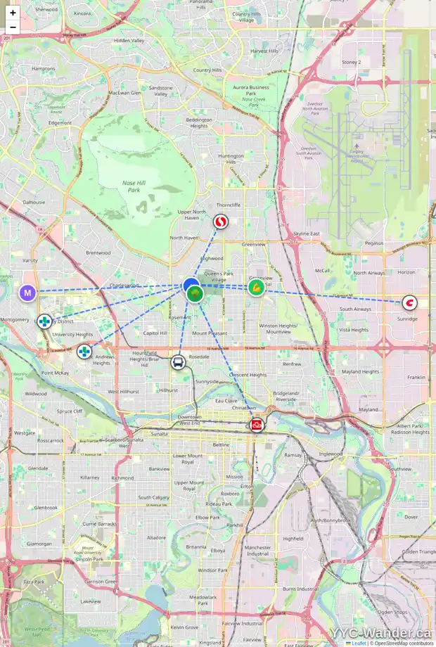 Daily accessibility map for 15 CELTIC RD NW, Calgary showing nearby schools, grocery stores, parks, LRT stations and nearby amenities