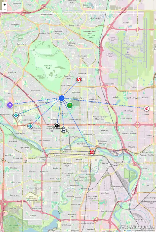 Daily accessibility map for 186 CORNWALLIS DR NW, Calgary showing nearby schools, grocery stores, parks, LRT stations and nearby amenities
