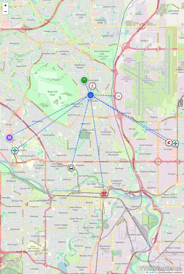 Daily accessibility map for 503 64 AV NW, Calgary showing nearby schools, grocery stores, parks, LRT stations and nearby amenities