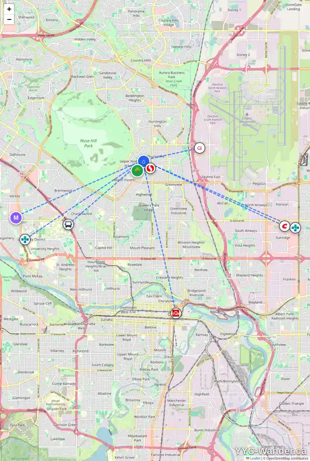 Daily accessibility map for 856 THORNEYCROFT DR NW, Calgary showing nearby schools, grocery stores, parks, LRT stations and nearby amenities