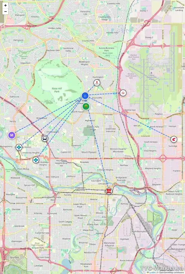 Daily accessibility map for 30 228 THEODORE PL NW, Calgary showing nearby schools, grocery stores, parks, LRT stations and nearby amenities