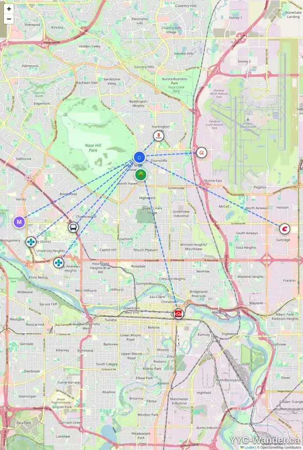 Daily accessibility map for 50 228 THEODORE PL NW, Calgary showing nearby schools, grocery stores, parks, LRT stations and nearby amenities