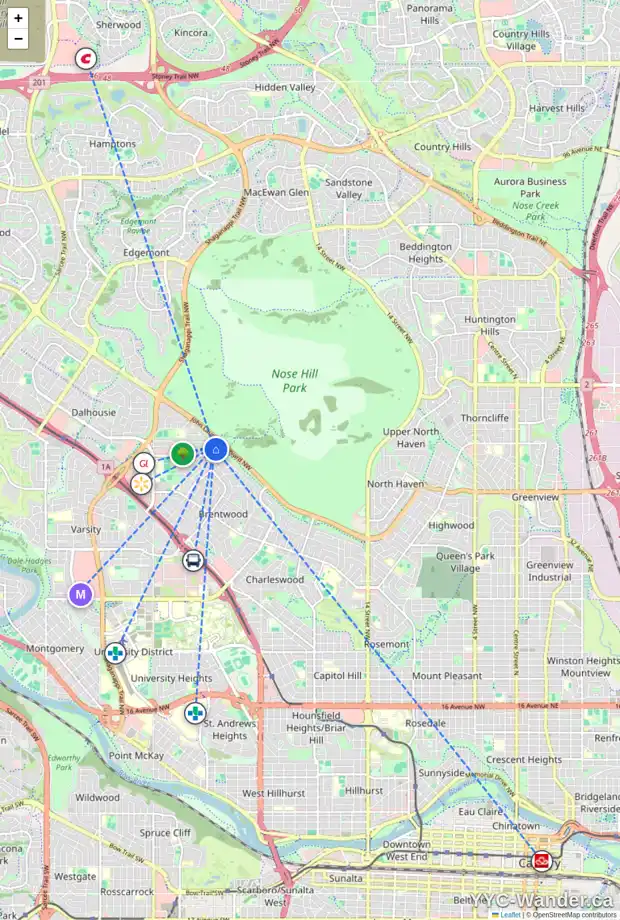 Daily accessibility map for 5356 BRISEBOIS DR NW, Calgary showing nearby schools, grocery stores, parks, LRT stations and nearby amenities