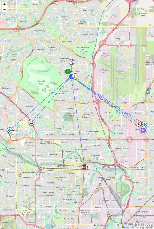 Daily accessibility map for 7132 HUNTERWOOD RD NW, Calgary showing nearby schools, grocery stores, parks, LRT stations and nearby amenities