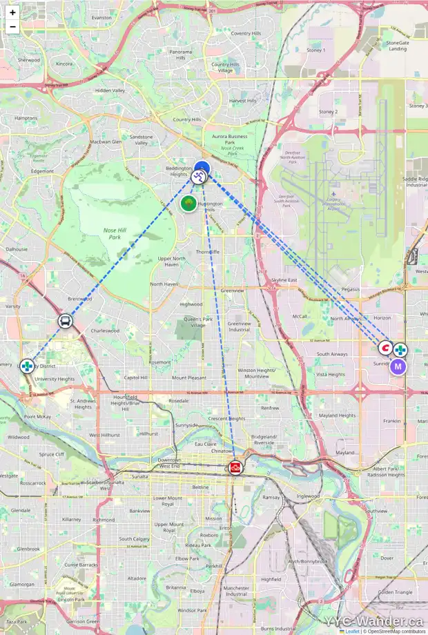 Daily accessibility map for 152 BERGEN CR NW, Calgary showing nearby schools, grocery stores, parks, LRT stations and nearby amenities