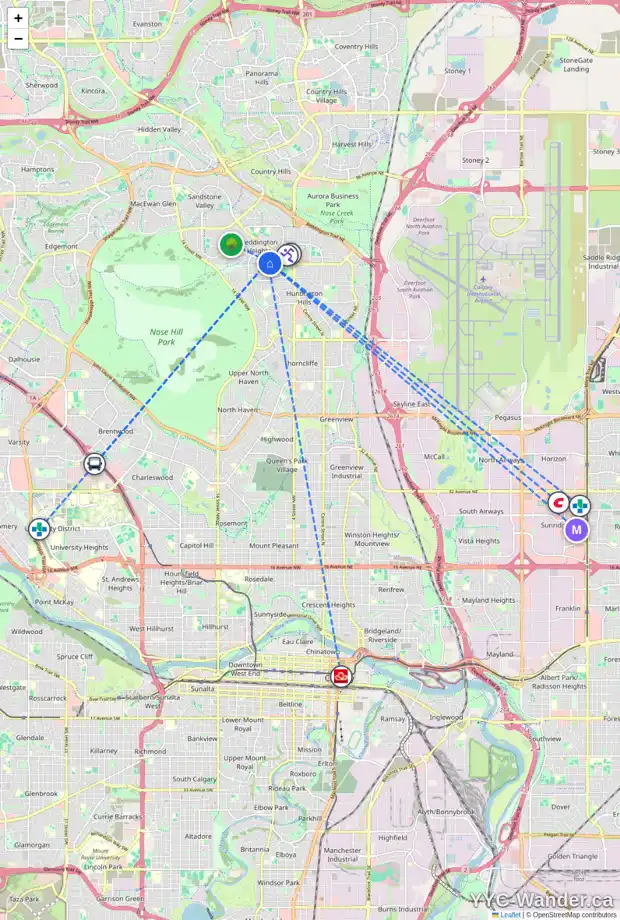 Daily accessibility map for 100 BERKLEY RI NW, Calgary showing nearby schools, grocery stores, parks, LRT stations and nearby amenities