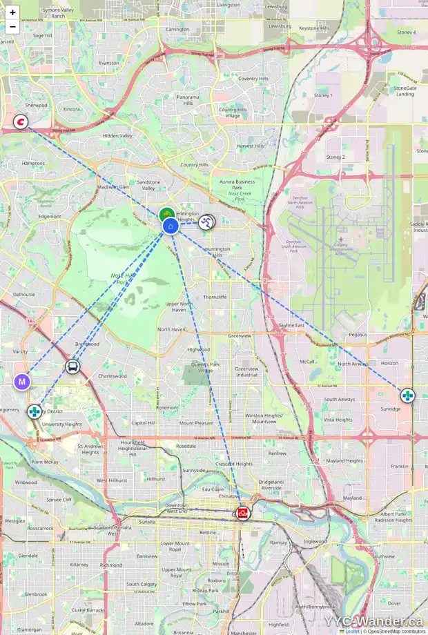 Daily accessibility map for 48 BERMONDSEY WY NW, Calgary showing nearby schools, grocery stores, parks, LRT stations and nearby amenities