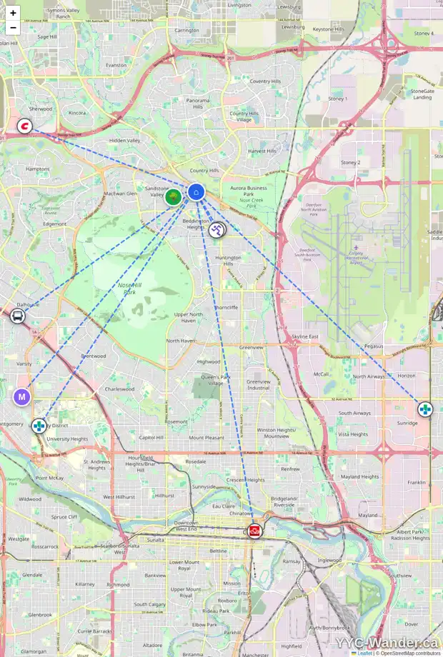 Daily accessibility map for 333 SANTANA BA NW, Calgary showing nearby schools, grocery stores, parks, LRT stations and nearby amenities