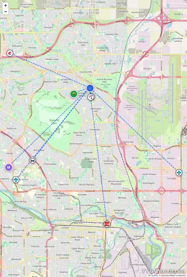 Daily accessibility map for 43 BERMUDA LN NW, Calgary showing nearby schools, grocery stores, parks, LRT stations and nearby amenities