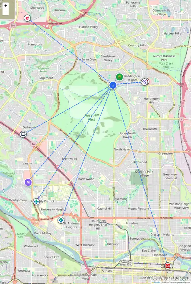 Daily accessibility map for 55 BERMONDSEY CR NW, Calgary showing nearby schools, grocery stores, parks, LRT stations and nearby amenities