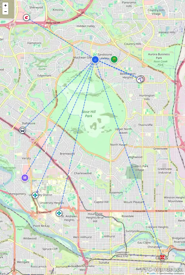 Daily accessibility map for 307 SANDRINGHAM PL NW, Calgary showing nearby schools, grocery stores, parks, LRT stations and nearby amenities