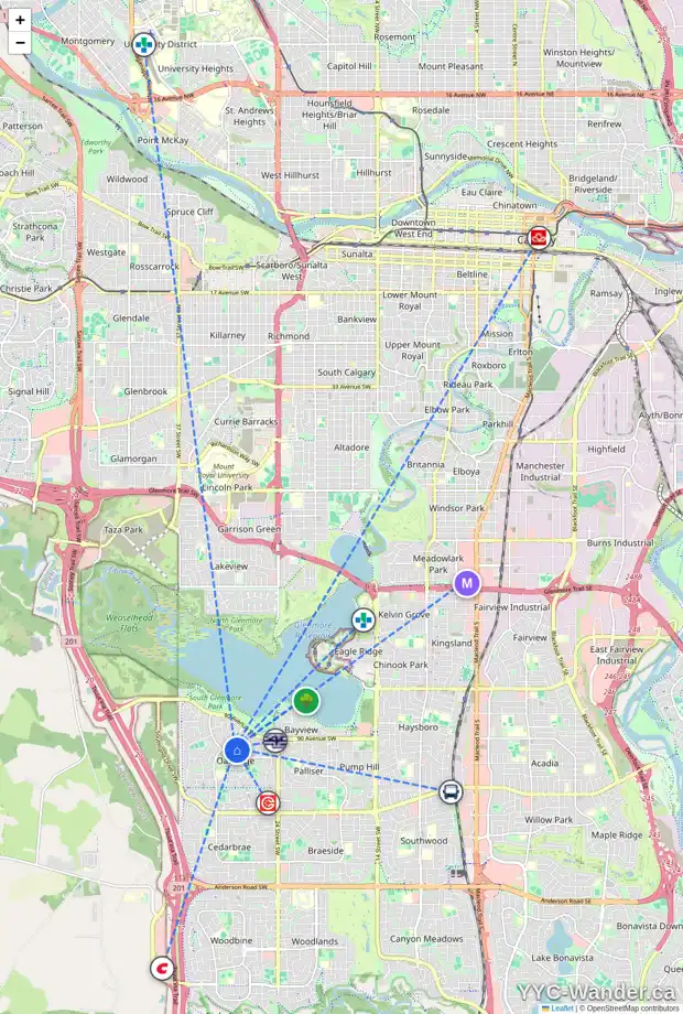 Daily accessibility map for 212 OAKSIDE BA SW, Calgary showing nearby schools, grocery stores, parks, LRT stations and nearby amenities