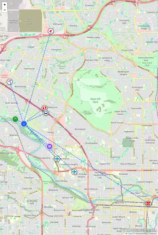 Daily accessibility map for 12 SILVERVIEW WY NW, Calgary showing nearby schools, grocery stores, parks, LRT stations and nearby amenities