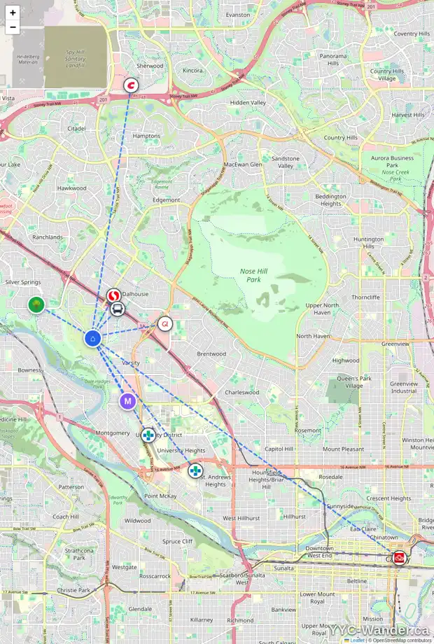 Daily accessibility map for 1828 VARSITY ESTATES DR NW, Calgary showing nearby schools, grocery stores, parks, LRT stations and nearby amenities