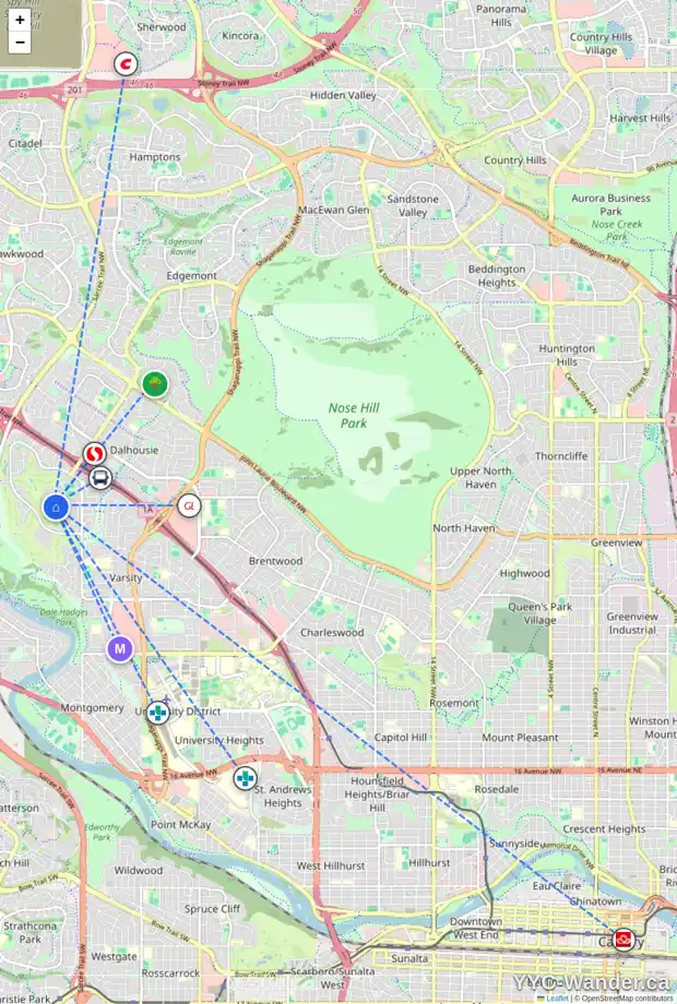 Daily accessibility map for 1216 VARSITY ESTATES RD NW, Calgary showing nearby schools, grocery stores, parks, LRT stations and nearby amenities