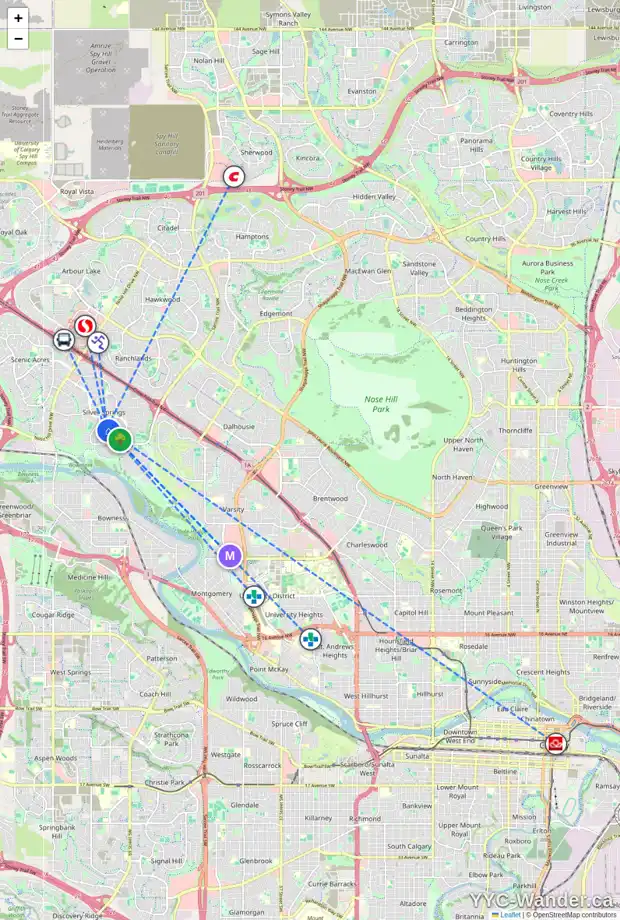 Daily accessibility map for 7304 SILVER MEAD RD NW, Calgary showing nearby schools, grocery stores, parks, LRT stations and nearby amenities