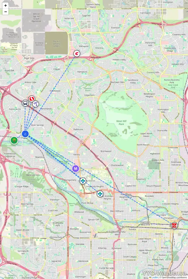Daily accessibility map for 444 SILVER VALLEY RD NW, Calgary showing nearby schools, grocery stores, parks, LRT stations and nearby amenities