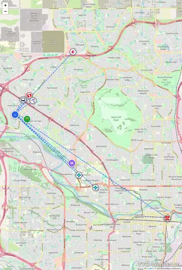 Daily accessibility map for 80 SCANDIA HL NW, Calgary showing nearby schools, grocery stores, parks, LRT stations and nearby amenities