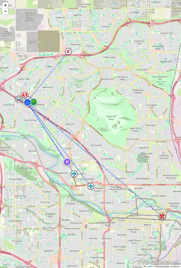 Daily accessibility map for 119 RANCHLANDS CR NW, Calgary showing nearby schools, grocery stores, parks, LRT stations and nearby amenities