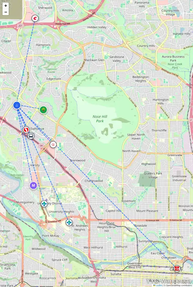 Daily accessibility map for 204 DALCASTLE WY NW, Calgary showing nearby schools, grocery stores, parks, LRT stations and nearby amenities