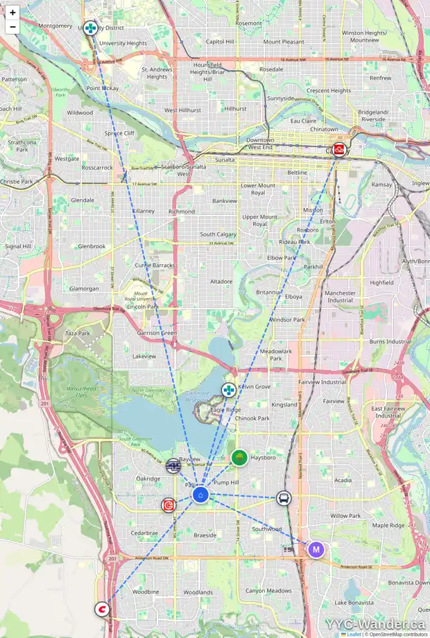 Daily accessibility map for 2112 PALISFIELD PL SW, Calgary showing nearby schools, grocery stores, parks, LRT stations and nearby amenities
