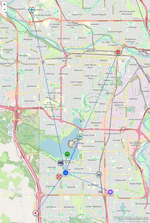 Daily accessibility map for 96 PALIS WY SW, Calgary showing nearby schools, grocery stores, parks, LRT stations and nearby amenities