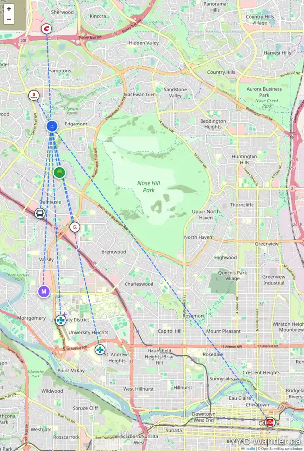 Daily accessibility map for 60 EDGEBYNE CR NW, Calgary showing nearby schools, grocery stores, parks, LRT stations and nearby amenities