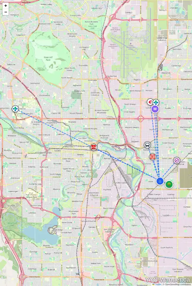 Daily accessibility map for 3726 DOVER RIDGE DR SE, Calgary showing nearby schools, grocery stores, parks, LRT stations and nearby amenities