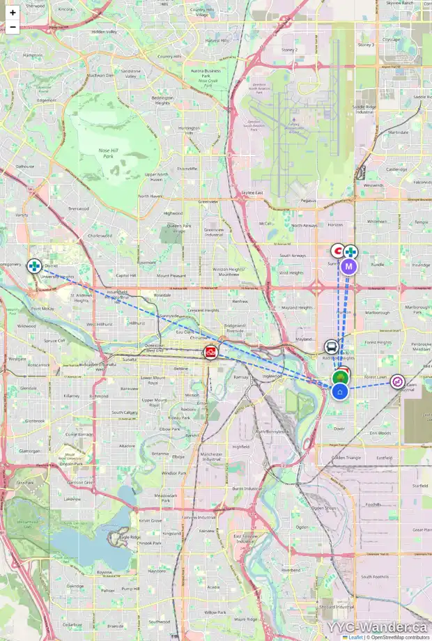 Daily accessibility map for 2044 COTTONWOOD CR SE, Calgary showing nearby schools, grocery stores, parks, LRT stations and nearby amenities