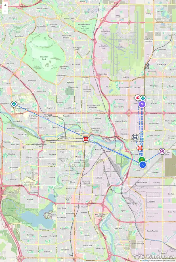 Daily accessibility map for 3408 31A AV SE, Calgary showing nearby schools, grocery stores, parks, LRT stations and nearby amenities