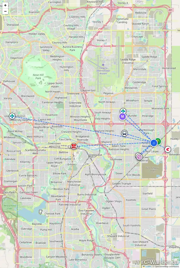 Daily accessibility map for 6723 3 AV SE, Calgary showing nearby schools, grocery stores, parks, LRT stations and nearby amenities