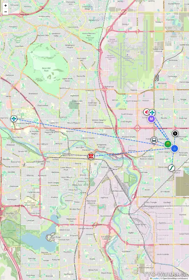 Daily accessibility map for 108 FOREST RD SE, Calgary showing nearby schools, grocery stores, parks, LRT stations and nearby amenities