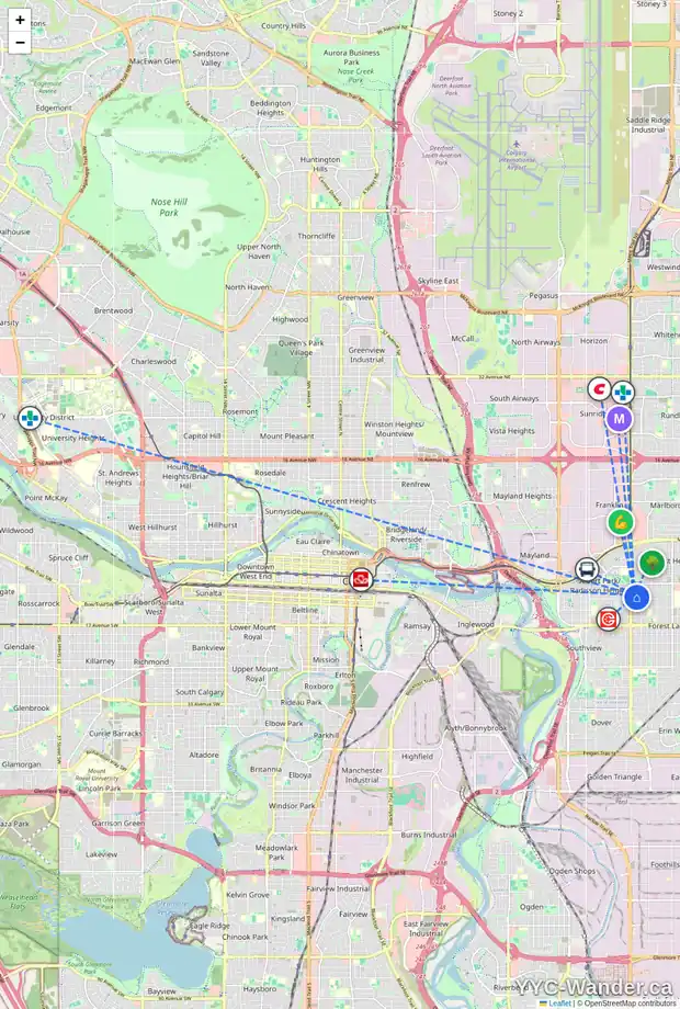 Daily accessibility map for 1119 37 ST SE, Calgary showing nearby schools, grocery stores, parks, LRT stations and nearby amenities