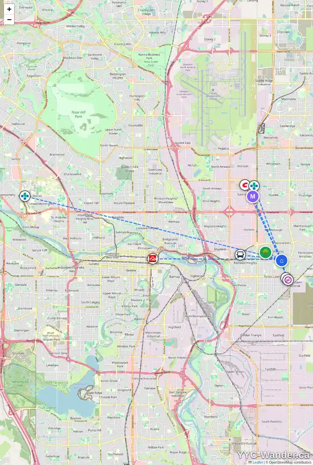 Daily accessibility map for 4812 8 AV SE, Calgary showing nearby schools, grocery stores, parks, LRT stations and nearby amenities