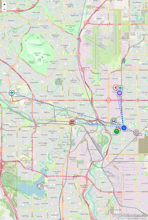 Daily accessibility map for 3820 14 AV SE, Calgary showing nearby schools, grocery stores, parks, LRT stations and nearby amenities
