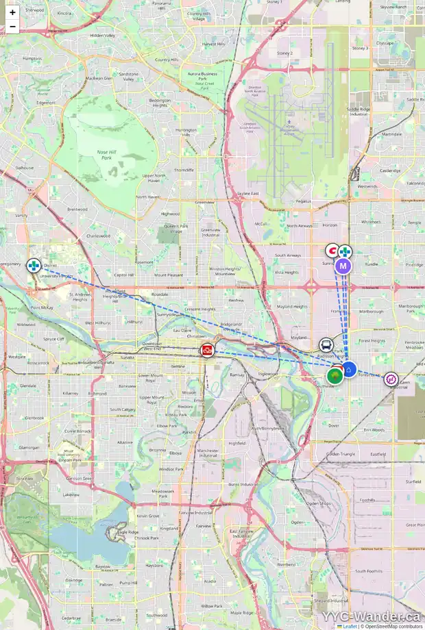 Daily accessibility map for 1524 35 ST SE, Calgary showing nearby schools, grocery stores, parks, LRT stations and nearby amenities